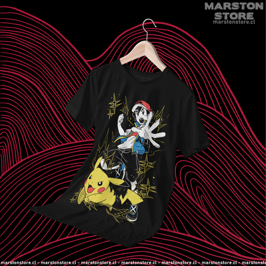 Polera negra de Pokémon con Ash Ketchum y Pikachu