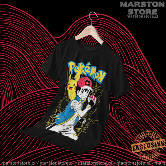 Polera negra de Pokémon con Ash Ketchum y Pikachu