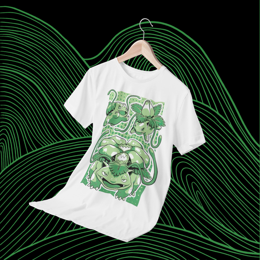 Polera blanca de Pokémon con Bulbasaur, Ivysaur y Venusaur