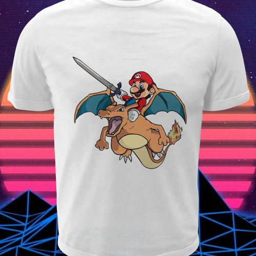 Polera blanca crossover Pokémon y Super Mario con Charizard