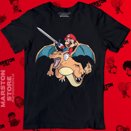 Polera negra crossover Pokémon y Super Mario con Charizard