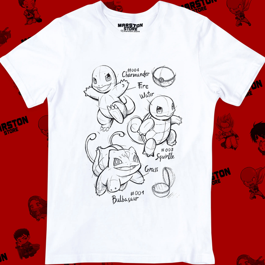 Polera blanca de Pokémon con Charmander, Bulbasaur y Squirtle