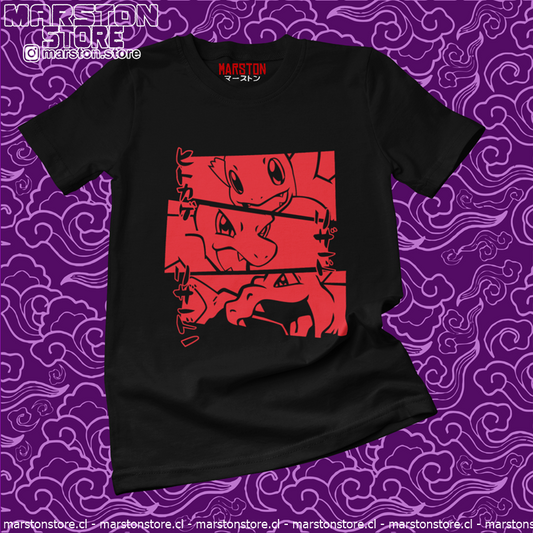 Polera negra de Pokémon con Charmander, Charmeleon y Charizard
