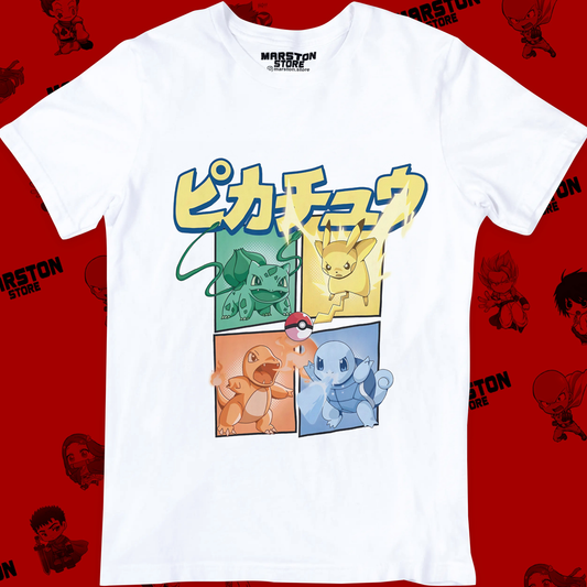 Polera blanca de Pokémon con Charmander, Pikachu, Squirtle y Bulbasaur
