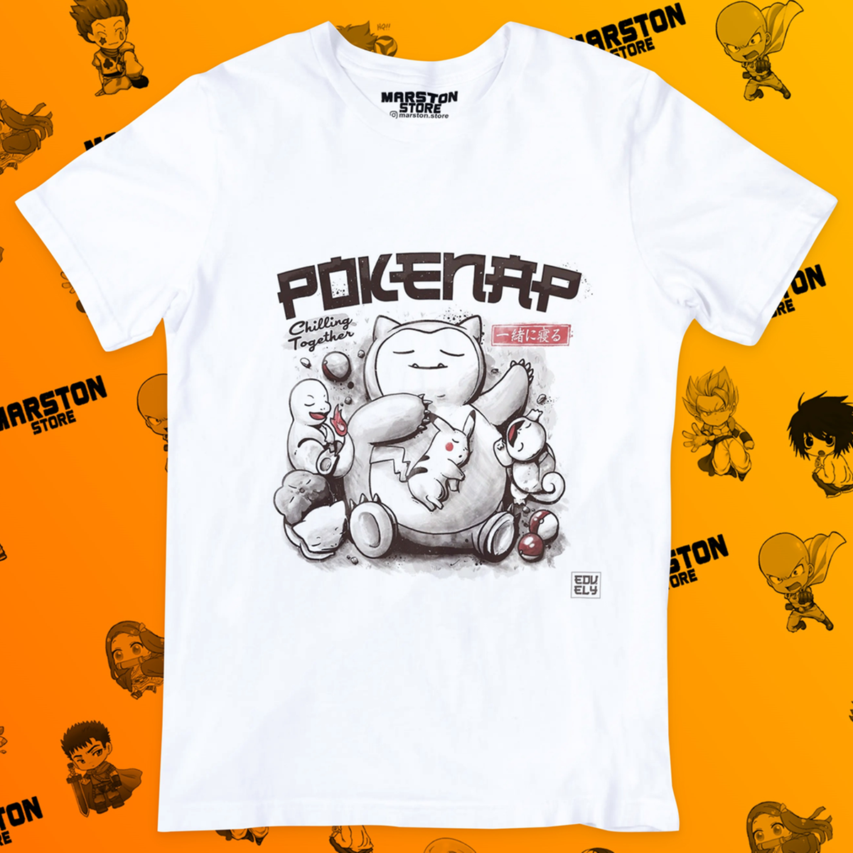 Polera blanca de Pokémon con Charmander, Pikachu, Squirtle y Snorlax