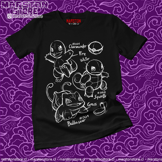 Polera negra de Pokémon con Charmander, Squirtle y Bulbasaur