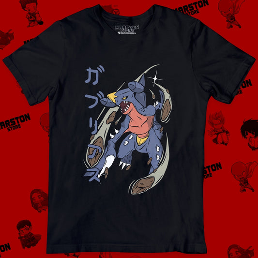 Polera negra de Pokémon con diseño de Garchomp