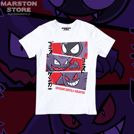 Polera blanca Pokémon con Gastly, Haunter y Gengar, línea evolutiva de tipo Fantasma y Veneno