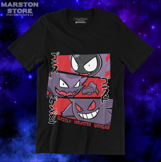 Polera negra Pokémon con Gastly, Haunter y Gengar, línea evolutiva de tipo Fantasma y Veneno
