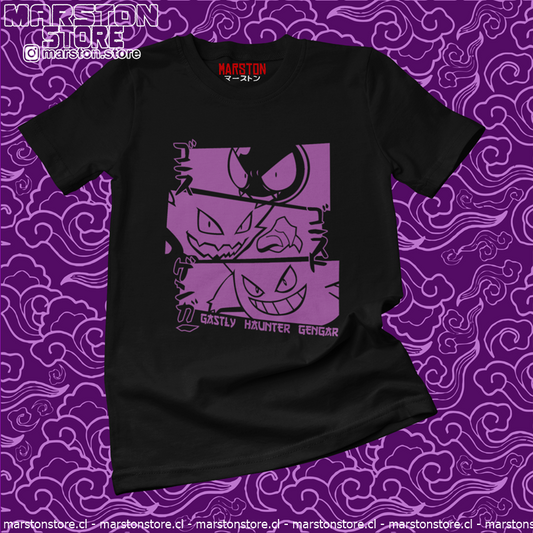 Polera negra Pokémon con Gastly, Haunter y Gengar, línea evolutiva de tipo Fantasma y Veneno