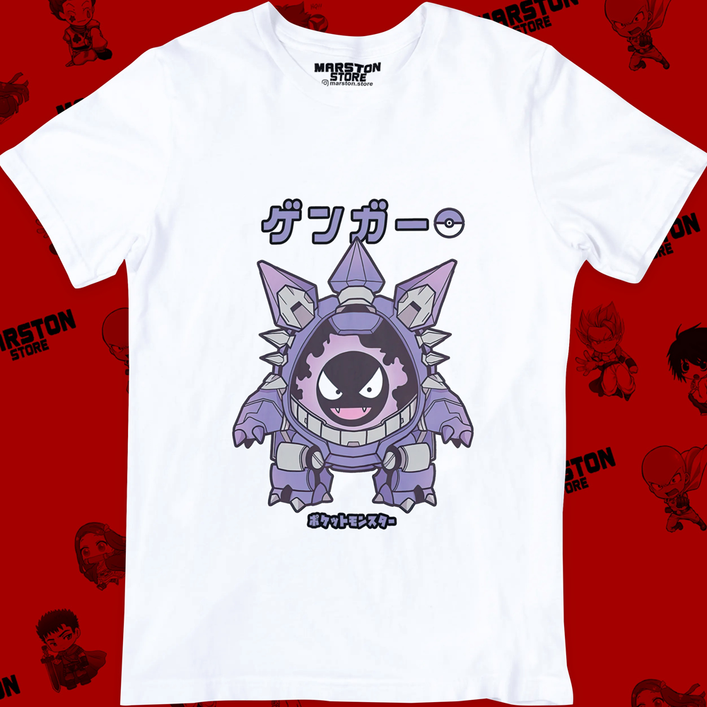 Polera blanca de Pokémon con Gengar, Pokémon de tipo Fantasma y Veneno