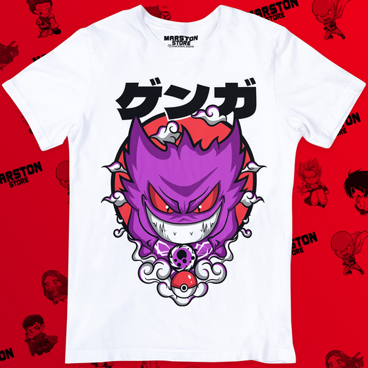 Polera blanca de Pokémon con Gengar, Pokémon de tipo Fantasma y Veneno