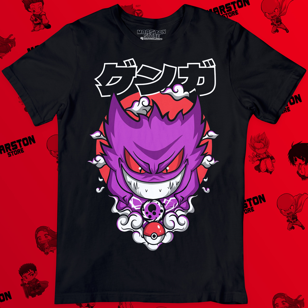 Polera negra de Pokémon con Gengar, Pokémon de tipo Fantasma y Veneno