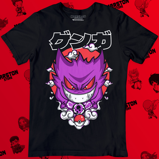 Polera negra de Pokémon con Gengar, Pokémon de tipo Fantasma y Veneno