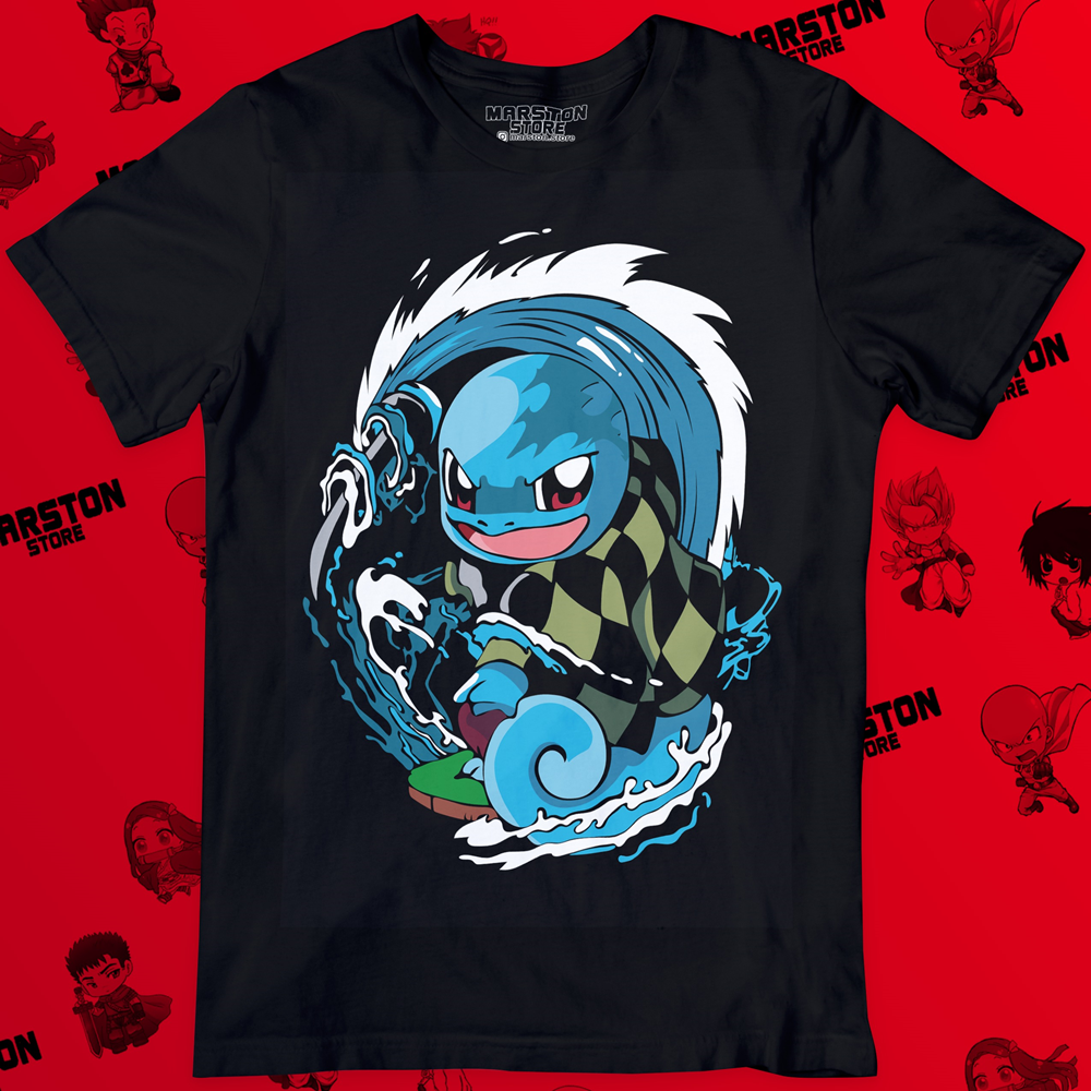 Polera negra crossover Pokémon x Kimetsu no Yaiba Demon Slayer con Tanjiro Squirtle