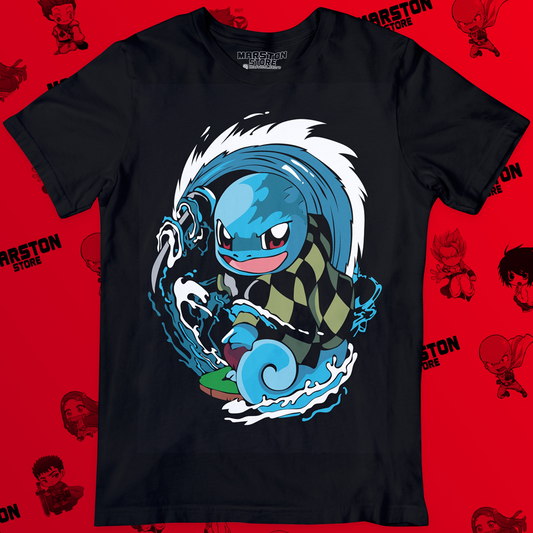 Polera negra crossover Pokémon x Kimetsu no Yaiba Demon Slayer con Tanjiro Squirtle