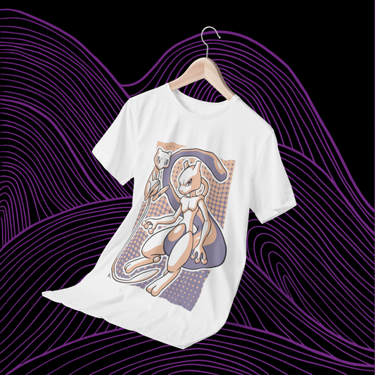 Polera blanca de Pokémon con diseño de Mew y Mewtwo