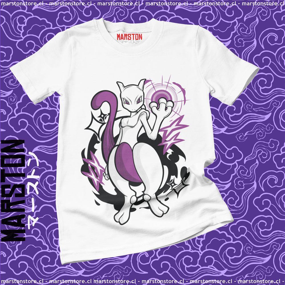 Polera blanca de Pokémon con diseño de Mewtwo