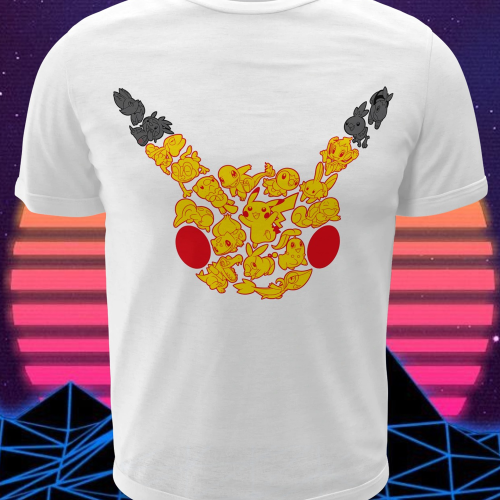 Polera blanca de Pokémon con Pikachu, Bulbasaur, Squirtle y Chikorita