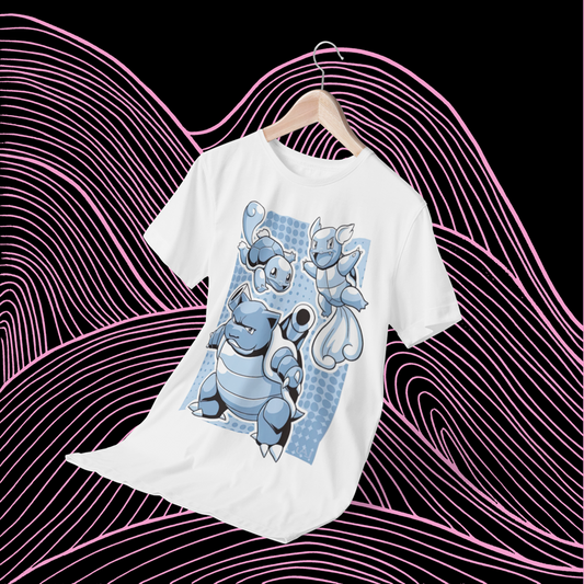 Polera blanca de Pokémon con Squirtle, Wartortle y Blastoise