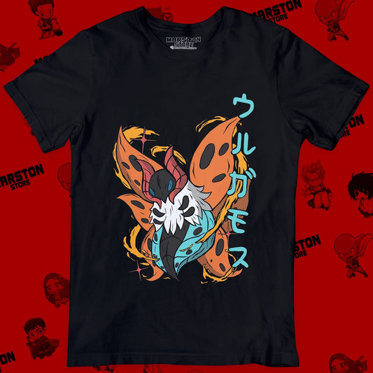 Polera negra de Pokémon con diseño de Volcarona