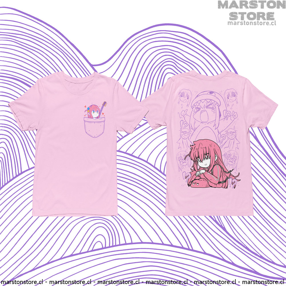 Polera rosada de Bocchi the Rock! con Hitori Gotoh y diseño de bolsillo