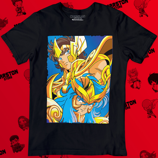 Polera negra de Saint Seiya / Los Caballeros del Zodiaco con Milo de Escorpio y Aioria de Leo