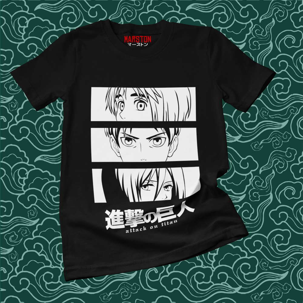 Polera negra Shingeki no Kyojin con Armin Arlert, Eren Jaeger y Mikasa Ackerman