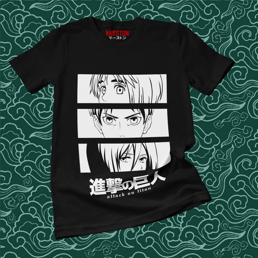 Polera negra Shingeki no Kyojin con Armin Arlert, Eren Jaeger y Mikasa Ackerman