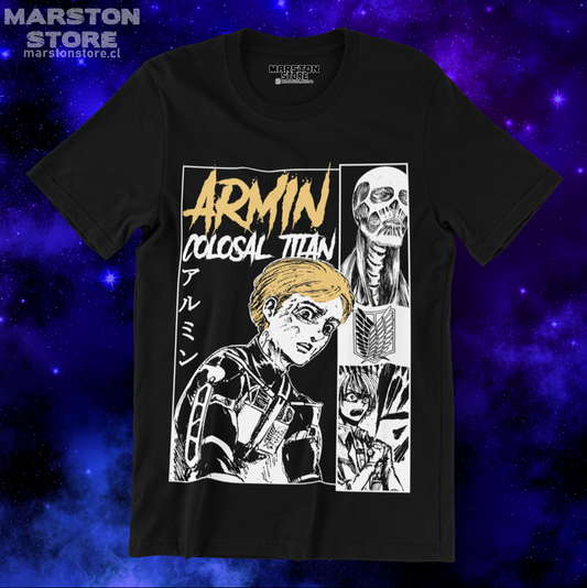 Polera negra Shingeki no Kyojin con diseño de Armin Arlert
