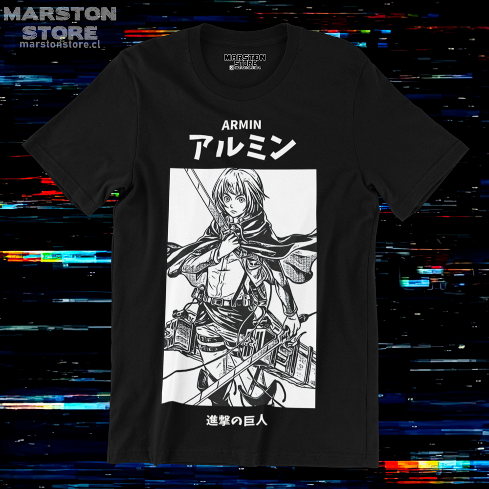 Polera negra Shingeki no Kyojin con diseño de Armin Arlert