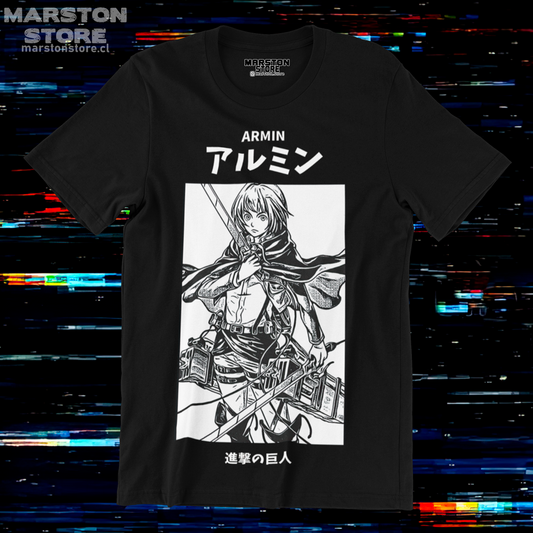 Polera negra Shingeki no Kyojin con diseño de Armin Arlert