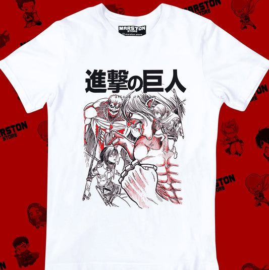 Polera blanca con diseño de Shingeki no Kyojin