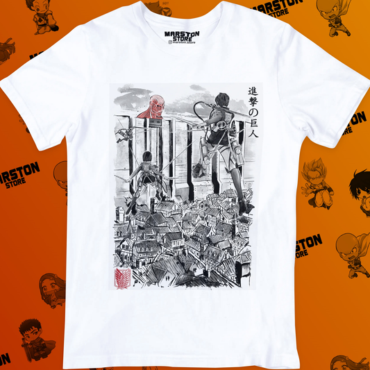 Polera blanca con diseño de Shingeki no Kyojin
