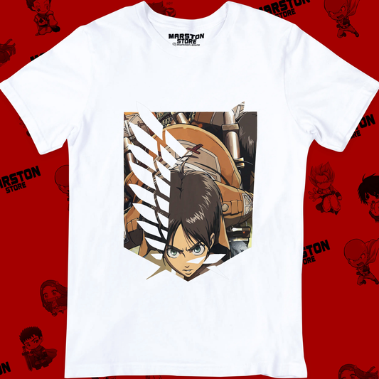 Polera blanca Shingeki no Kyojin con diseño de Eren Jaeger