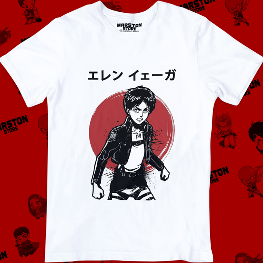 Polera blanca Shingeki no Kyojin con diseño de Eren Jaeger