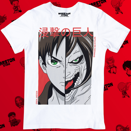 Polera blanca Shingeki no Kyojin con diseño de Eren Jaeger