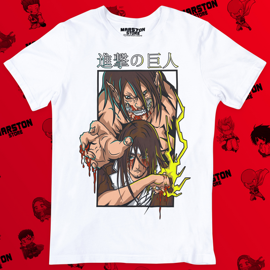 Polera blanca Shingeki no Kyojin con diseño de Eren Jaeger