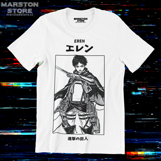 Polera blanca Shingeki no Kyojin con diseño de Eren Jaeger