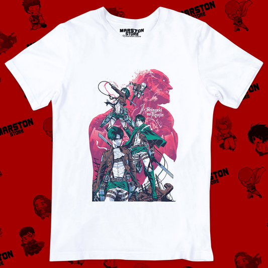 Polera blanca Shingeki no Kyojin con Eren Jaeger, Mikasa Ackerman y Levi Ackerman
