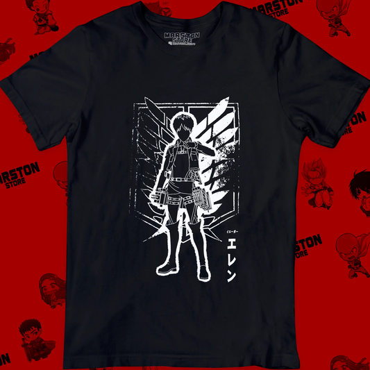 Polera negra Shingeki no Kyojin con diseño de Eren Jaeger