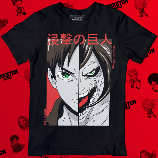 Polera negra Shingeki no Kyojin con diseño de Eren Jaeger