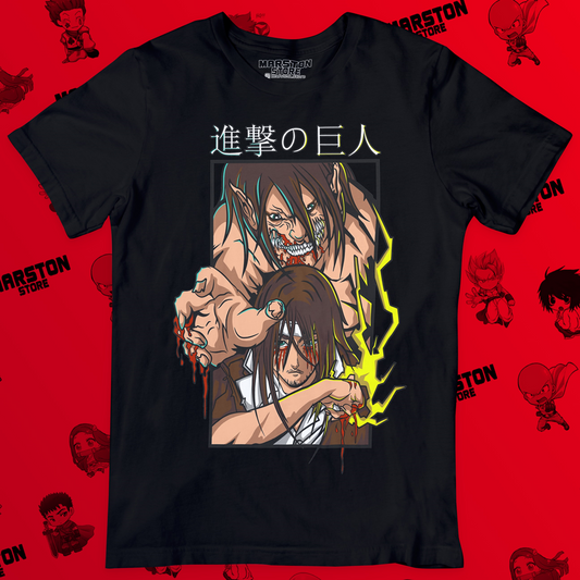 Polera negra Shingeki no Kyojin con diseño de Eren Jaeger