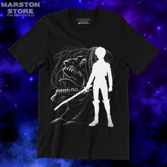 Polera negra Shingeki no Kyojin con diseño de Eren Jaeger