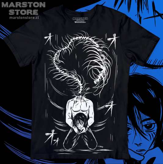 Polera negra Shingeki no Kyojin con diseño de Eren Jaeger