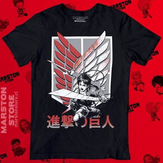 Polera negra Shingeki no Kyojin con diseño de Eren Jaeger