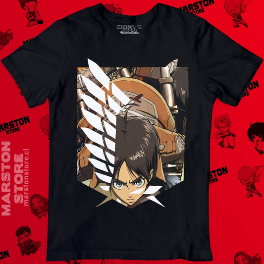 Polera negra Shingeki no Kyojin con diseño de Eren Jaeger