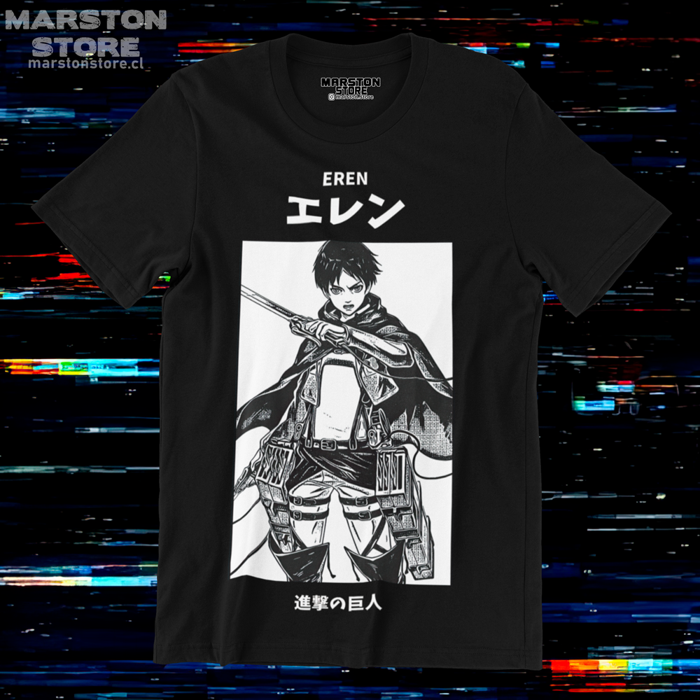 Polera negra Shingeki no Kyojin con diseño de Eren Jaeger