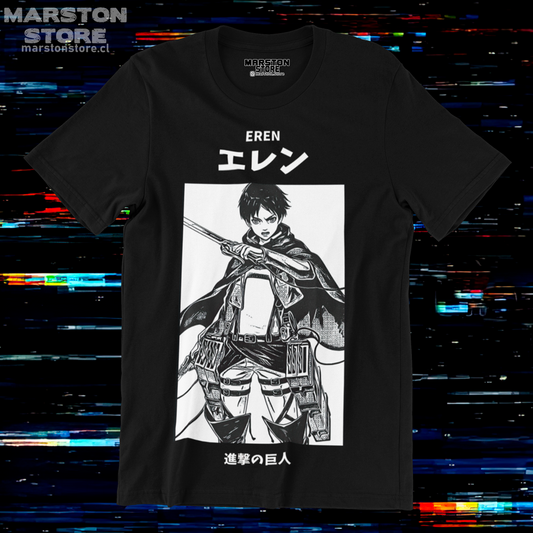 Polera negra Shingeki no Kyojin con diseño de Eren Jaeger