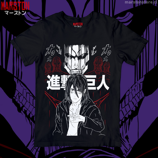 Polera negra Shingeki no Kyojin con diseño de Eren Jaeger